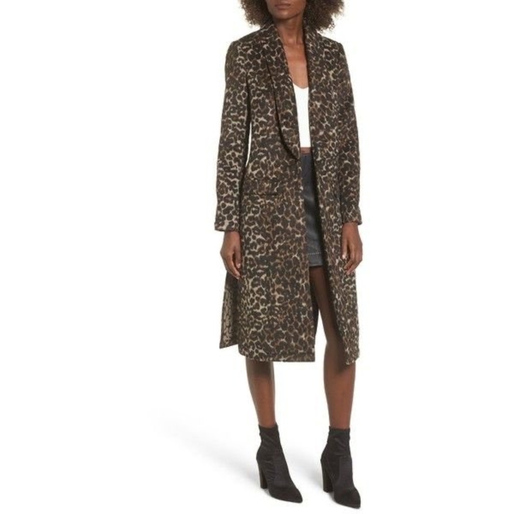 Leith Leopard Print Melton Wool Blend Longline Overcoat Brown Black Size L